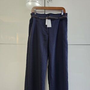 New H&M 100% Linen Navy Blue Wide Leg Belted Trousers